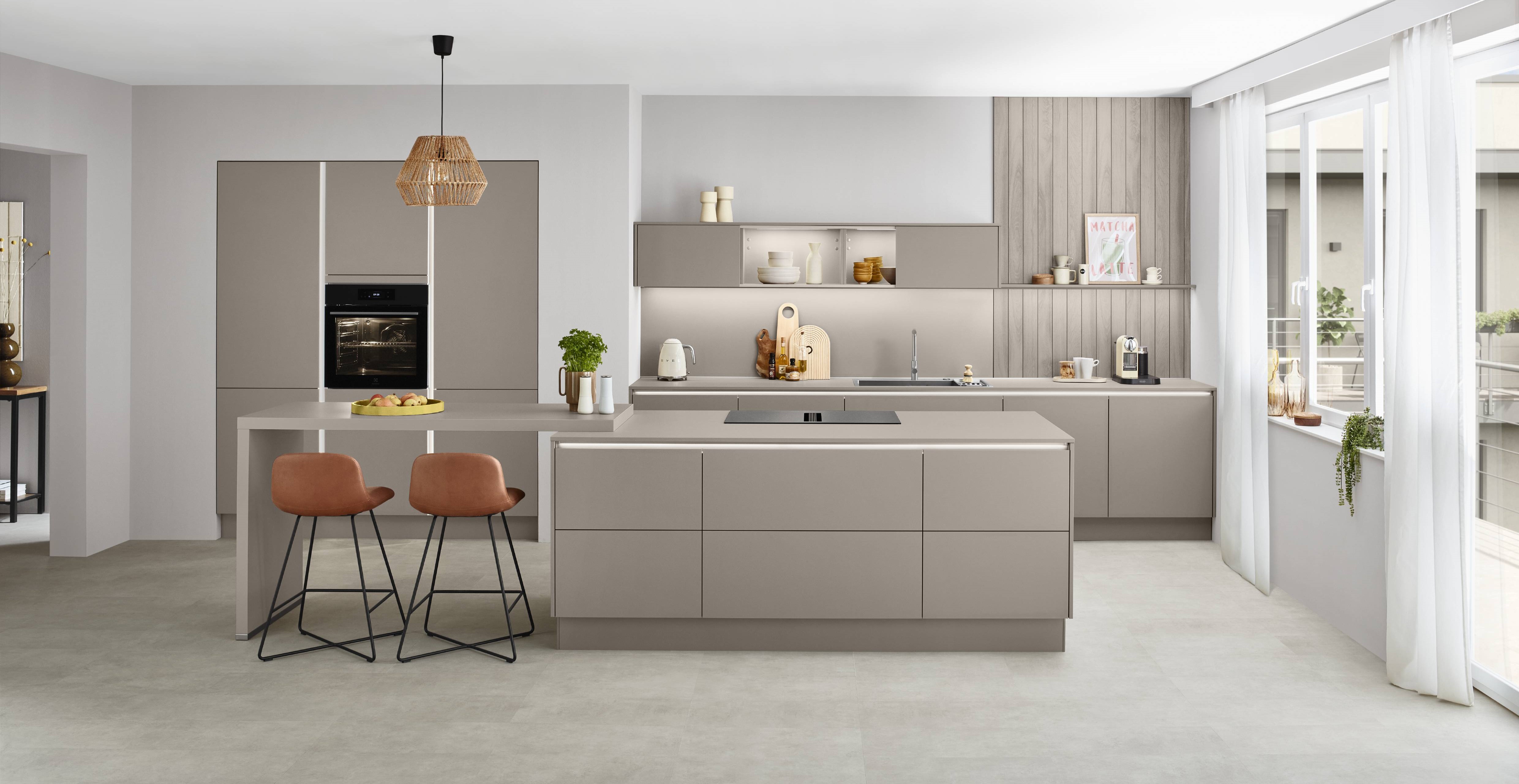 Nobilia Laser handleless kitchen in matt finish designed for open-plan living